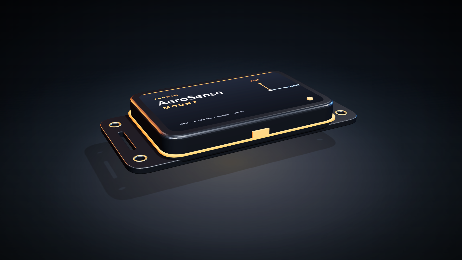 AeroSense Mount concept visualization showing a compact black and orange sensor enclosure with mounting flanges