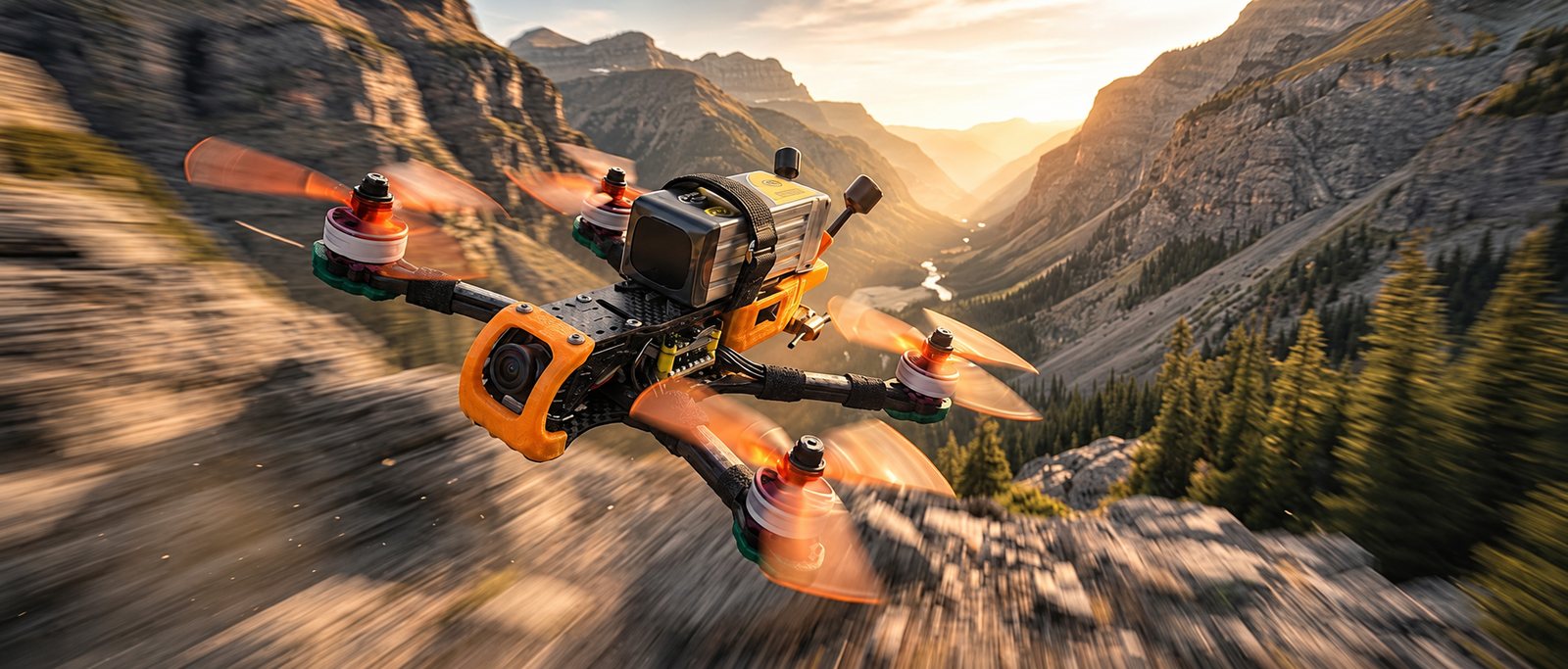 The same build style, in flight through a mountain canyon