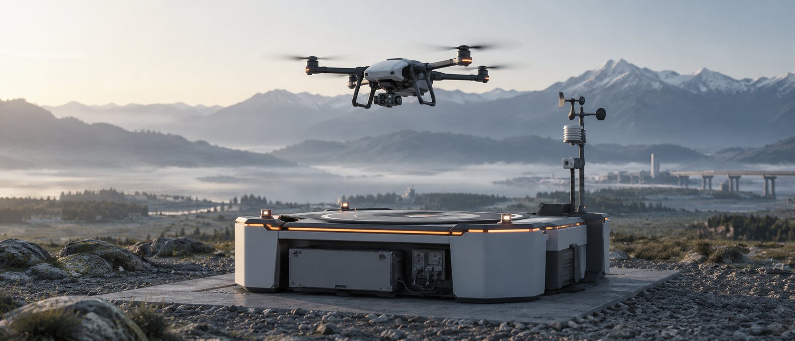 A UAV descending toward an autonomous ground station in misty mountains