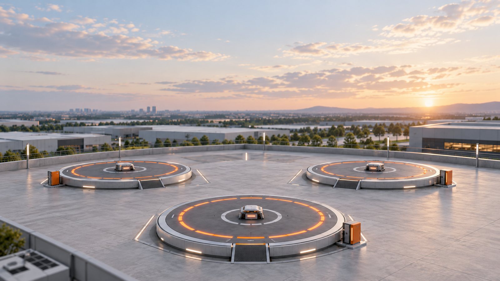 A rooftop vertiport with glowing landing pads at dusk